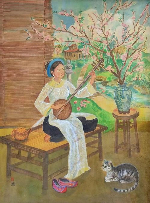 "Cung đàn Xuân" - tranh lụa của họa sĩ Lê Ngọc Huyền.