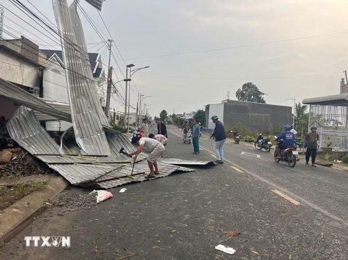 Trong số 47 căn nhà bị sập, hỏng có 3 căn nhà sập hoàn toàn, tốc mái hoàn toàn 32 căn, tốc mái từ 50-70% là 12 căn. Trong ảnh: Nhà của người dân ở xã Long Phú Thuận (tỉnh Đồng Tháp) bị ảnh hưởng do trận dông lốc. (Ảnh: TTXVN phát)