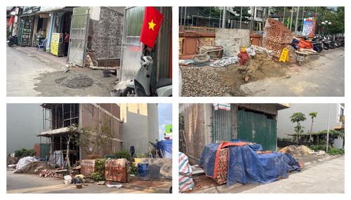 Nhiều đống cát, đá, gạch và bạt che được đặt sát mép đường, chiếm phần lớn vỉa hè tại một số công trình nhà ở riêng lẻ trên phố Ô Cách và phố Nguyễn Khắc Viện. Ảnh: PV