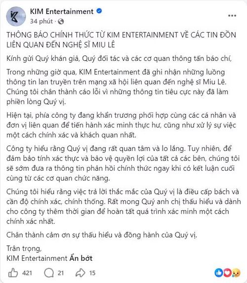 Công ty quản lý đưa ra phản hồi về thông tin Miu Lê vướng nghi vấn sử dụng chất cấm.