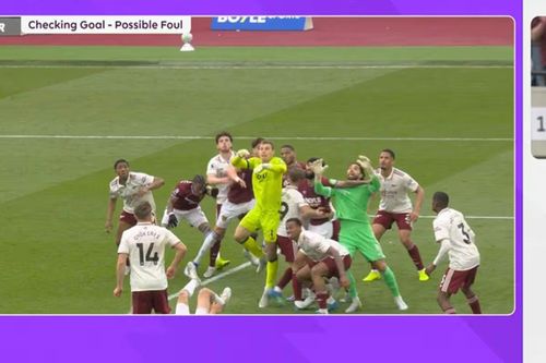  Tình huống Pablo phạm lỗi với Raya khiến bàn thắng của West Ham không được công nhận. ẢNH: MIRROR 