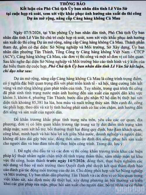 Thông báo truyền đạt ý kiến kết luận của lãnh đạo tỉnh Cà Mau liên quan vụ cá chết.