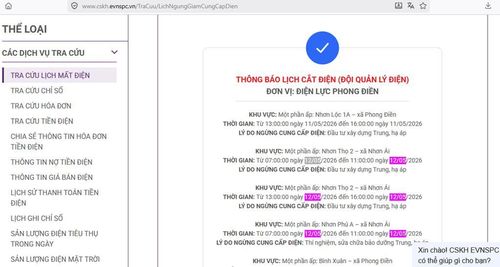 Lịch ngừng cấp điện tại Cần Thơ ngày mai 12/5 được cập nhật trên website của EVNSPC. Ảnh: BNEWS phát