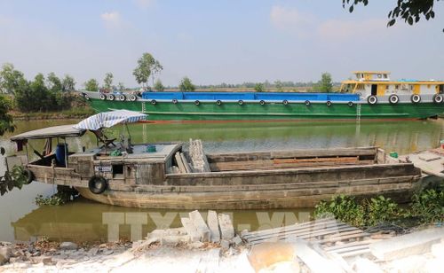 Dưới bến kênh Cô Tô, hàng chục chiếc tàu đang đợi hàng để xuất bến đi giao khắp vùng Đồng bằng Sông Cửu Long và vùng Đông Nam Bộ. Ảnh: Công Mạo - TTXVN