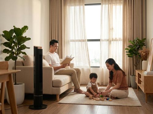 Gia đình thư giãn trong phòng khách mát mẻ với quạt tháp Fujihome Smartwind. Ảnh minh họa: Fujihome