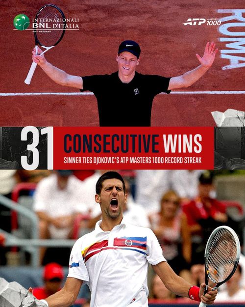 Sinner cân bằng kỷ lục 31 chiến thắng liên tiếp tại các giải Masters 1000 của Djokovic - Ảnh: ATP