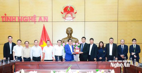 Chủ tịch UBND tỉnh Võ Trọng Hải tặng quà lưu niệm đến đoàn công tác Aeon Mall Việt Nam và các đối tác. Ảnh: Thành Duy