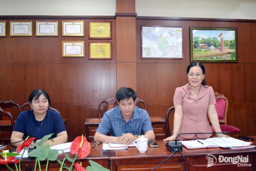 Đoàn khảo sát của Ban Tuyên giáo và Dân vận Thành ủy làm việc với Ban Xây dựng Đảng Đảng ủy phường Trấn Biên. Ảnh: Phương Hằng