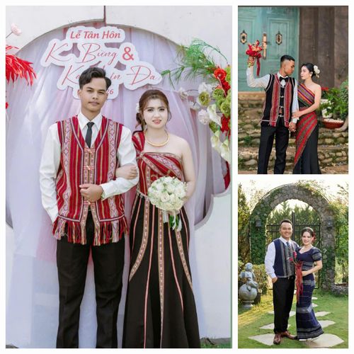 Các đôi bạn trẻ với váy áo thổ cẩm trong ngày cưới. (Ảnh do Ka Hoan thực hiện và cung cấp)
