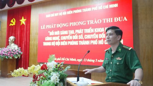 Đại tá Đỗ Vĩnh Thăng, Phó Chính ủy Bộ Tư lệnh Thành phố, Chính ủy Ban Chỉ huy Bộ đội Biên phòng TP Hồ Chí Minh phát biểu.