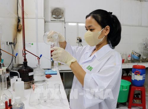 Cán bộ phòng thí nghiệm của Công ty Cổ phần sản xuất và chế biến muối BIM (ở xã Thuận Nam) kiểm nghiệm khâu chế biến muối tinh. Ảnh: Công Thử - TTXVN 