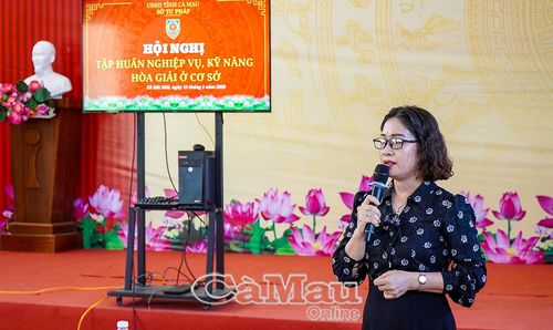 Bà Phạm Thị Ngọc, Phó Giám đốc Sở Tư pháp, triển khai đến hoà giải viên về các quy định pháp luật trong công tác quản lý Nhà nước.