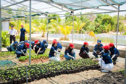 Đại biểu tàu 571 cùng cán bộ, chiến sĩ tại vườn ươm trên đảo Sơn Ca. Ảnh: Minh Tuấn