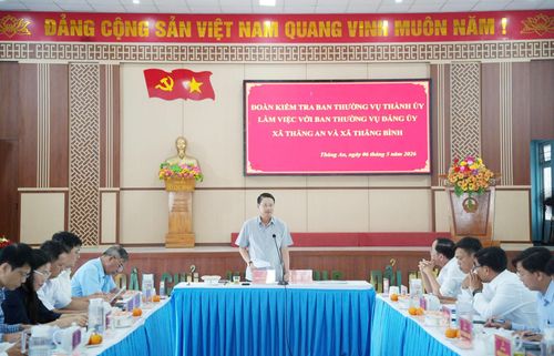 Đoàn kiểm tra của Ban Thường vụ Thành ủy do Phó Bí thư Thành ủy Ngô Xuân Thắng chủ trì làm việc với Ban Thường vụ Đảng ủy xã Thăng Bình và Thăng An về triển khai thực hiện Nghị quyết XIV của Đảng và sau một năm vận hành mô hình chính quyền địa phương 2 cấp. Ảnh: N.ĐOAN