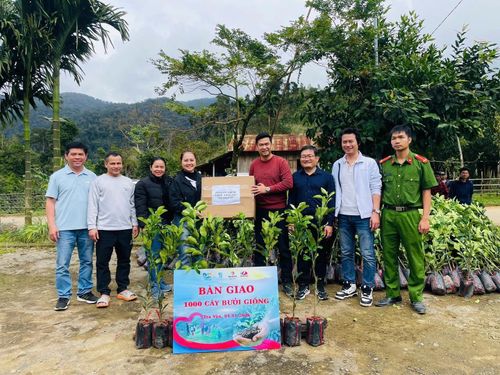 UBND xã Trà Vân phối hợp với Chi hội Du lịch Đà Nẵng trao 1.000 cây bưởi giống cho các hộ dân. Ảnh: LAM PHƯƠNG