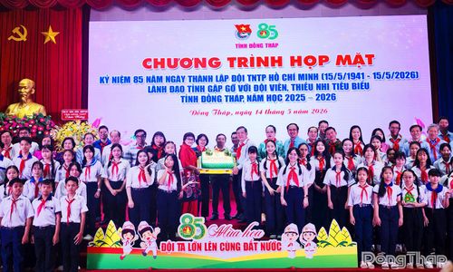 Lãnh đạo tỉnh và các thế hệ cán bộ Hội đồng Đội thực hiện nghi thức cắt bánh kem chúc mừng 85 năm Ngày thành lập Đội TNTP Hồ Chí Minh.