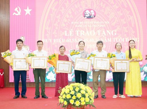Lãnh đạo xã Trần Phú trao Huy hiệu Đảng đợt 19-5 tặng các đảng viên. Ảnh: Hồng Đào