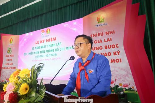 Tại buổi lễ, anh Nguyễn Chí Hiếu - Phó Bí thư Tỉnh Đoàn, Chủ tịch Hội đồng Đội tỉnh Gia Lai đã đọc diễn văn ôn lại chặng đường 85 năm hình thành và phát triển của tổ chức Đội TNTP Hồ Chí Minh. Ảnh: Trương Định