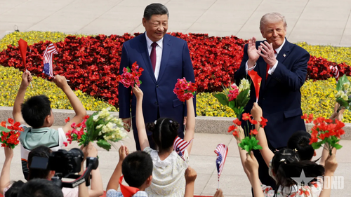 Chủ tịch Trung Quốc Tập Cận Bình đón Tổng thống Mỹ Donald Trump tại Đại lễ đường nhân dân ngày 14-5. Ảnh: GETTY