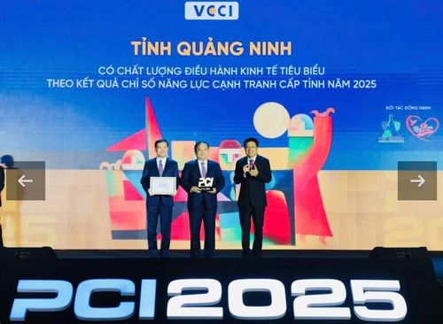 Ông Quản Minh Cường, Ủy viên Trung ương Đảng, Bí thư Tỉnh ủy, Trưởng Đoàn ĐBQH tỉnh và ông Bùi Văn Khắng, Phó Bí thư Tỉnh ủy, Chủ tịch UBND tỉnh, nhận cúp PCI các địa phương dẫn đầu nhóm chất lượng điều hành "Tốt". Ảnh: BQN