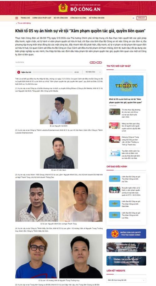 Cổng thông tin điện tử Bộ Công an công bố thông tin khởi tố 5 vụ án hình sự về tội “Xâm phạm quyền tác giả, quyền liên quan”. Ảnh: Chụp màn hình