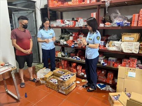 Đội Quản lý thị trường số 1 (Chi cục Quản lý thị trường tỉnh Quảng Ninh) tiến hành khám kho hàng tại khu 5, phường Móng Cái 2, tỉnh Quảng Ninh, vào trưa ngày 12/5. Ảnh: TTXVN phát
