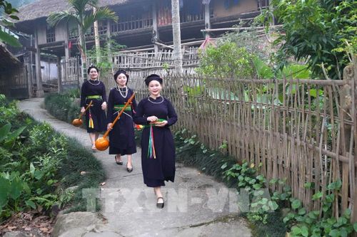 Các thiếu nữ dân tộc Tày với đàn tính bên những nếp nhà sàn truyền thống ở thôn Tha, phường Hà Giang 1, tỉnh Tuyên Quang. Ảnh: Minh Tâm-TTXVN