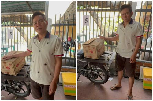 Đối tượng Thạch Hiểu với các thùng carton mang nhãn hiệu Ajinomoto giả.