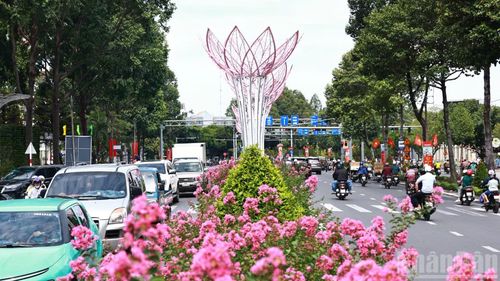 Hoa tươi trên đường Nguyễn Ái Quốc khu vực trước Trường trung học cơ sở Trần Hưng Đạo.