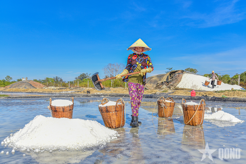 Gắn bó với nghề hơn 20 năm, chị Hoa nắm chắc từng con nước, tính toán tỉ mỉ lượng muối. Hiện nay, làm muối được cải tiến với phương pháp kết tinh trên bạt cho sản lượng và chất lượng muối cao hơn. 
