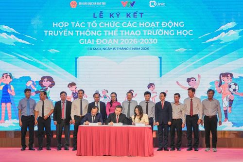Đại diện các bên ký kết Hợp tác tổ chức các hoạt động truyền thông thể thao trường học giai đoạn 2026 - 2030.