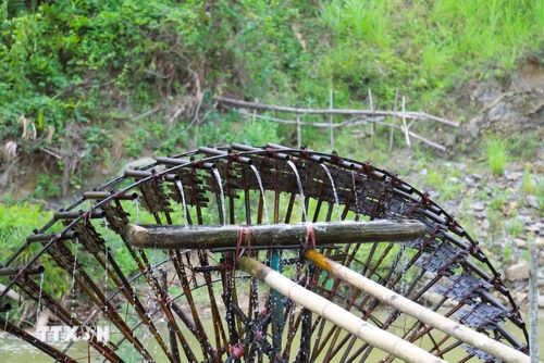 Nhờ độ nghiêng hợp lý khi gắn kết trên vành bánh xe của cọn nước, hàng trăm ống nứa đựng nước múc ở lòng suối khi lên cao sẽ tự đổ vào máng gom và theo hệ thống đường dẫn để đổ về vào chân ruộng. (Ảnh: Xuân Tiến/TTXVN)
