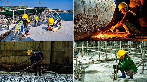 Những công nhân đang ngày đêm tăng tốc thi công các công trình trọng điểm phục vụ APEC 2027 tại Phú Quốc. Ảnh: S.T