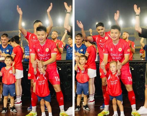 Lê Phạm Thành Long hướng dẫn con của một đồng đội làm động tác ăn mừng chiến thắng cùng tập thể đội bóng. Ngày vô địch đồng thời đánh dấu trận đấu thứ 100 của Thành Long trong màu áo CLB Công an Hà Nội
