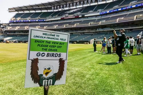 Trong chuyến tham quan sân vận động Lincoln Financial Field gần đây, người hâm mộ của đội bóng Eagles còn có cơ hội tận mắt chứng kiến sự khác biệt giữa thảm cỏ tự nhiên thông thường của đội nhà và mặt sân cỏ lai Hybrid HERO - loại cỏ chuyên dụng vừa được lắp đặt để phục vụ cho giải đấu FIFA Club World Cup sắp tới. (Ảnh: Kimberly Paynter/WHYY)