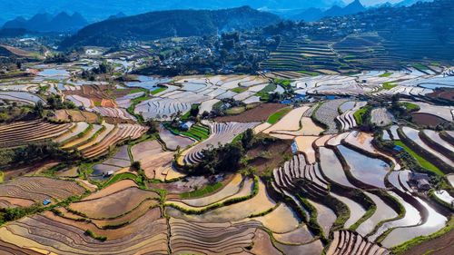 Dưới ánh nắng vàng rực rỡ, những thửa ruộng bậc thang ở Tả Lèng mùa nước đổ đầy mê hoặc, cuốn hút. 
