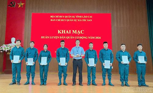 Đồng chí Trần Thái Học - Phó Bí thư Đảng ủy, Chủ tịch UBND xã trao quyết định công nhận chiến sĩ dân quân tự vệ hoàn thành nghĩa vụ tham gia dân quân tự vệ.