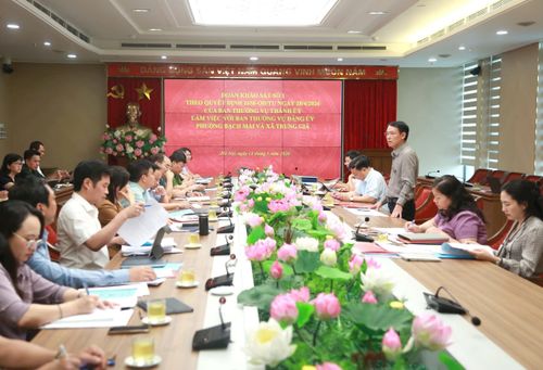 Ủy viên Trung ương Đảng, Phó Bí thư Thường trực Thành ủy Hà Nội Nguyễn Trọng Đông phát biểu tại buổi làm việc của Đoàn giám sát số 01 của Ban Thường vụ Thành ủy Hà Nội với Ban Thường vụ Đảng ủy phường Bạch Mai và xã Trung Giã. Ảnh: PHẠM HÙNG