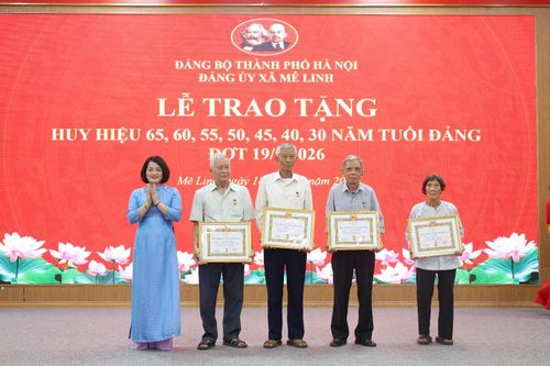 Đồng chí Trịnh Thị Hồng Ngân, Phó Bí thư Thường trực Đảng ủy xã Mê Linh trao Huy hiệu Đảng tặng các đảng viên. Ảnh: PV