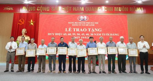Các đảng viên được trao tặng Huy hiệu 45 năm tuổi Đảng. Ảnh: PV