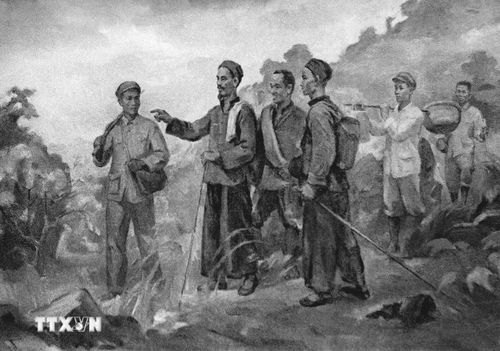 Ngày 28/1/1941, lãnh tụ Nguyễn Ái Quốc và các đồng chí Lê Quảng Ba, Phùng Chí Kiên, Thế An, Đặng Văn Cáp, Hoàng Văn Lộc vượt qua mốc 108 biên giới Việt Nam-Trung Quốc về đến Pác Bó (xã Trường Hà, Hà Quảng, Cao Bằng), một nơi “bí mật” có “hàng rào quần chúng bảo vệ và có đường rút lui” để trực tiếp lãnh đạo cách mạng. (Ảnh: TTXVN phát)