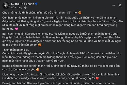 Chia sẻ của Lương Thế Thành trên trang cá nhân thông báo chào đón thành viên mới. Ảnh: FBNV
