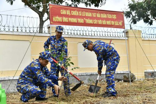 Cán bộ, chiến sĩ Lữ đoàn 167 Vùng 2 Hải quân trồng cây tại đơn vị.