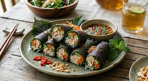 Salad ức gà cuốn lá tía tô.