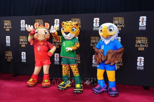 Các linh vật của World Cup 2026 ra mắt tại lễ bốc thăm (từ trái sang): Nai sừng tấm Canada, Báo đốm Mexico và Đại bàng đầu trắng Mỹ. Ảnh minh họa: THX/TTXVN