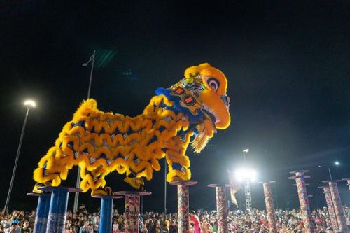 Nghệ nhân múa lân phải biết cách chuyển tải cảm xúc qua từng nhịp lắc đầu, từng cái chớp mắt hay cách nén lực khi bật lên trụ cao. Nguồn: Đoàn Lân sư rồng Hùng Anh Đường.