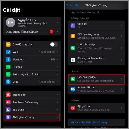 Chọn Thời gian sử dụng Chọn Giới hạn liên lạc