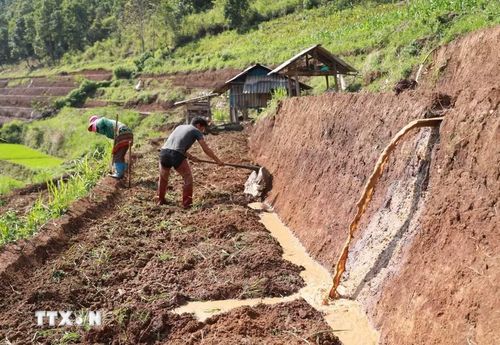 Nước từ các khe núi đổ về cũng là thời điểm người dân tranh thủ làm đất chuẩn bị cho mùa vụ mới. (Ảnh: Quý Trung/TTXVN)