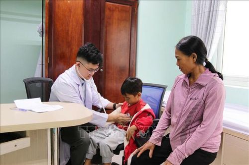 Các bác sỹ thăm khám tim miễn phí cho trẻ em tại chương trình. Ảnh: TTXVN phát