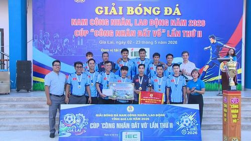  Ban Tổ chức trao giải nhì cho đội bóng Công ty cổ phần Dược - Trang thiết bị y tế Bình Định. Ảnh: Trung Nghĩa 